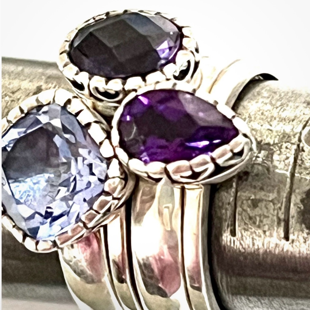 Chic Silver Ring Set With Purple And Blue Stones